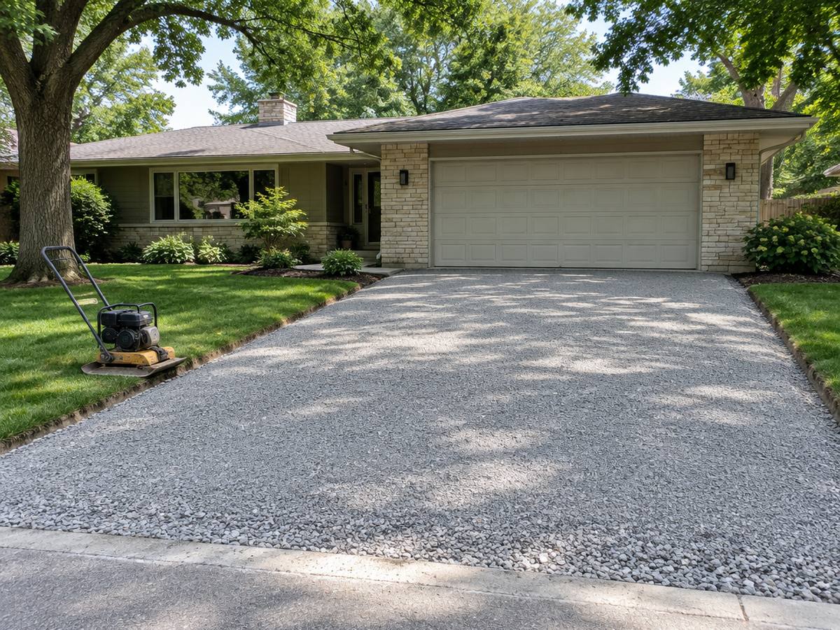 Smooth, freshly graded crushed stone awaits paving in a driveway bed at a stone-trimmed ranch, a plate compactor parked on the grass