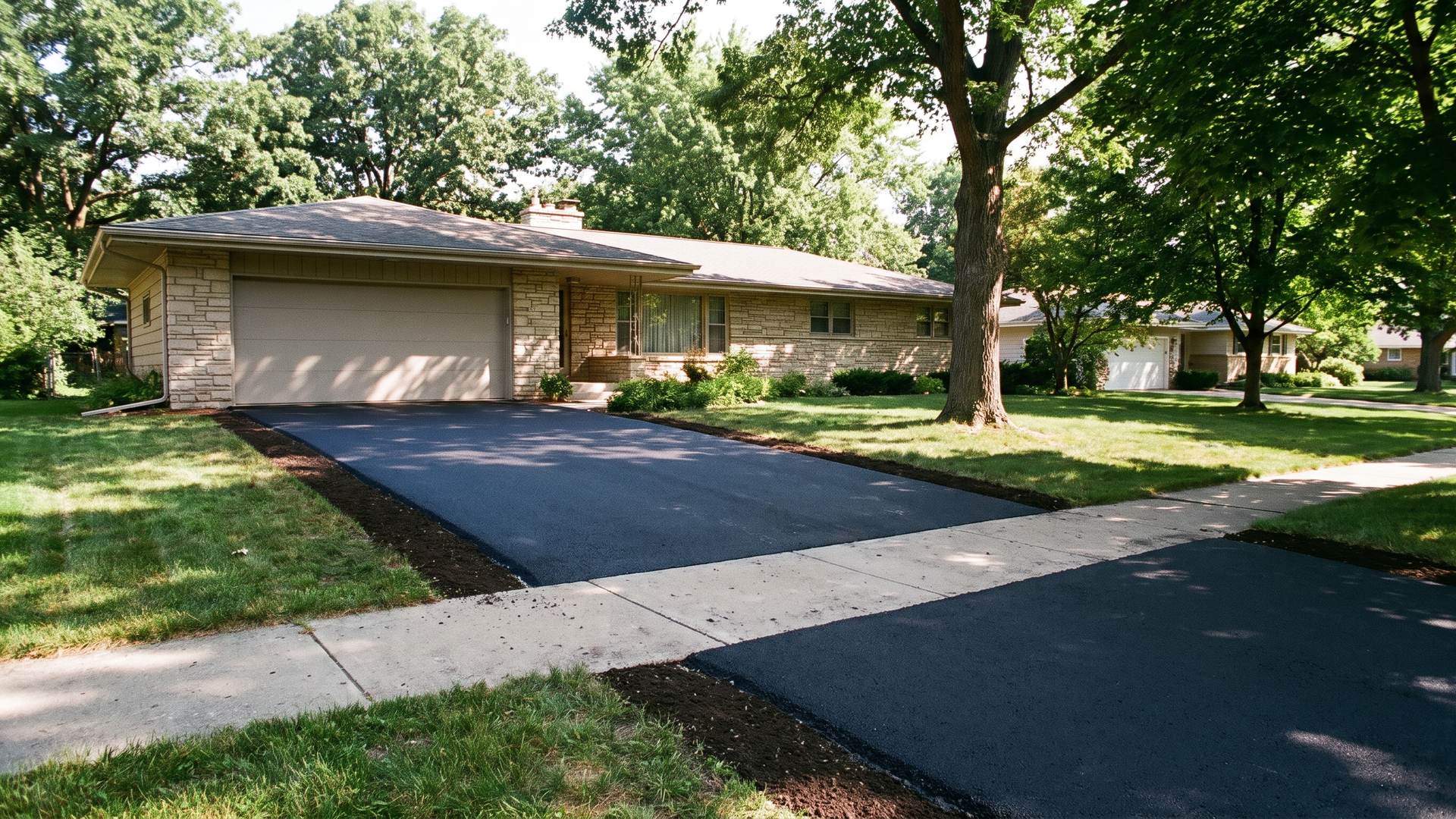 Fresh black soil lines a brand-new asphalt driveway and apron on either side of the sidewalk at a stone-faced ranch under shade trees