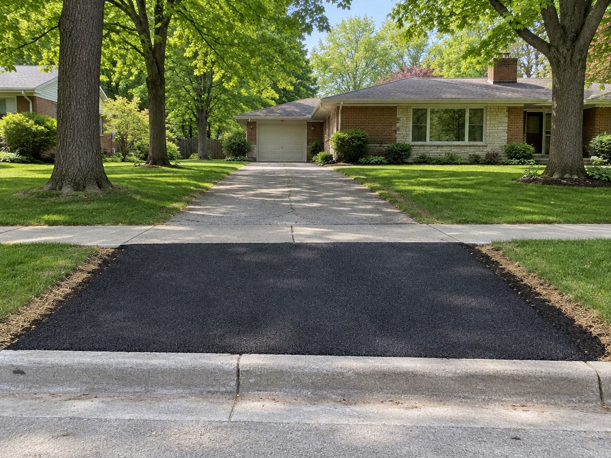 A new black asphalt apron spans curb to sidewalk in front of an older, cracked driveway and a brick and stone ranch