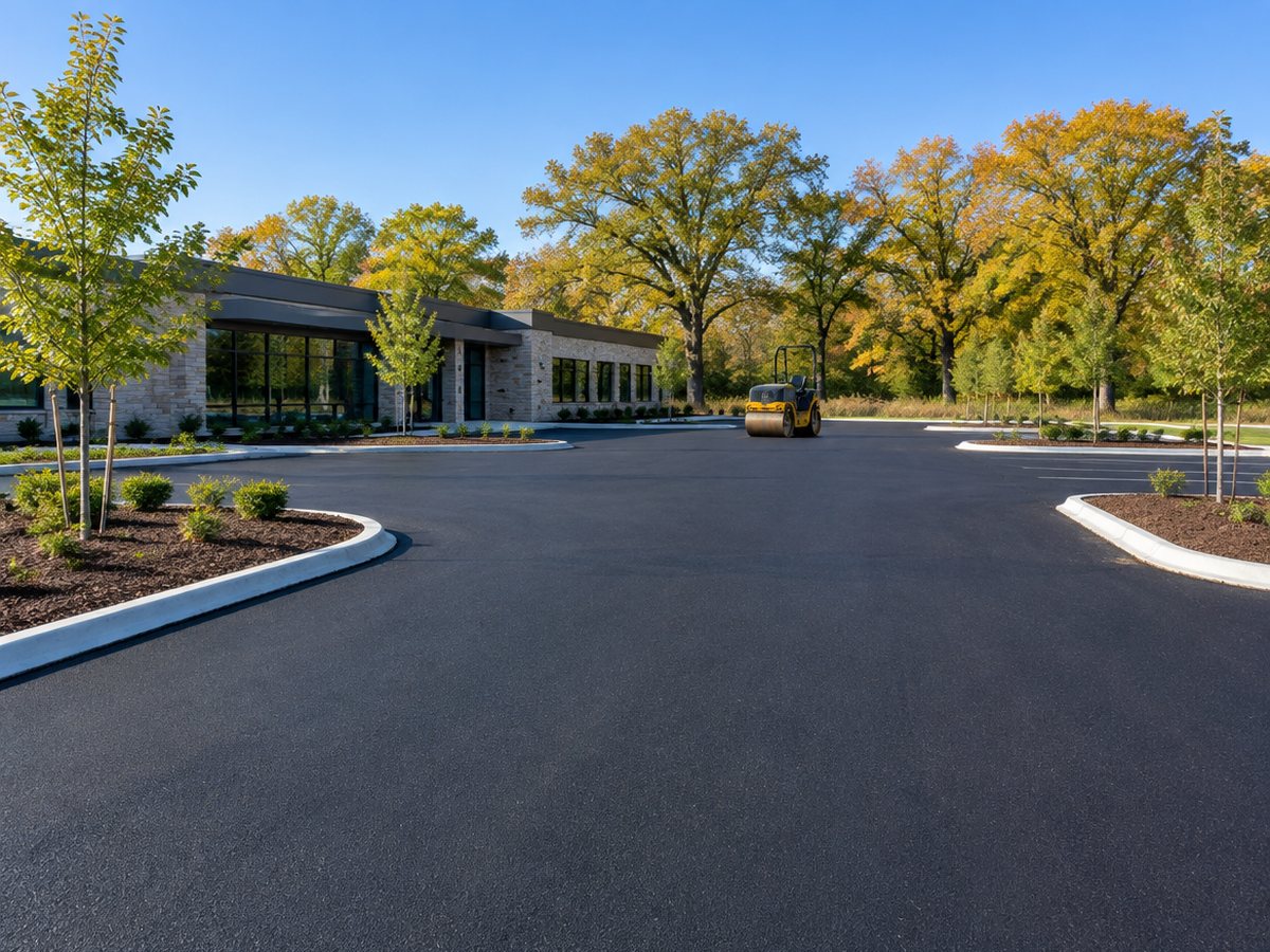Curbed islands with young trees frame a wide lot of new asphalt, a yellow roller parked near a stone and glass building