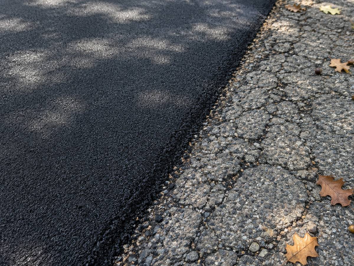 Dappled shade falls across the crisp edge of a new black overlay beside old alligator-cracked asphalt strewn with acorns and oak leaves