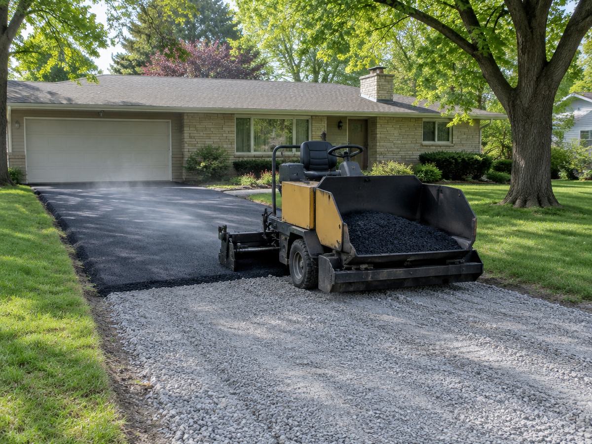 Its hopper heaped with hot mix, a compact paver spreads a steaming black mat over the crushed stone base of a ranch driveway
