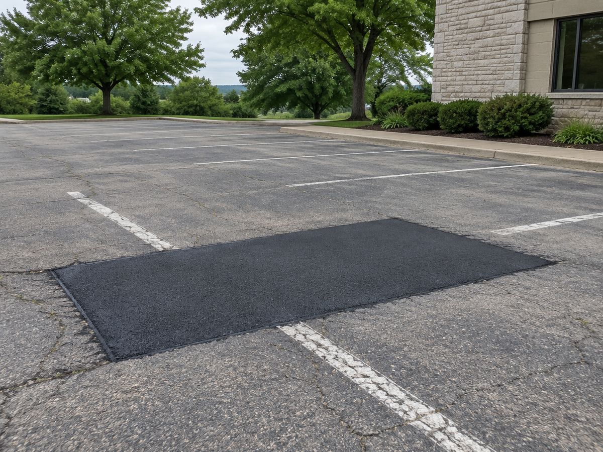 Worn stall lines cross an aging, cracked lot where a large saw-cut repair of new asphalt sits flush beside a pale stone building